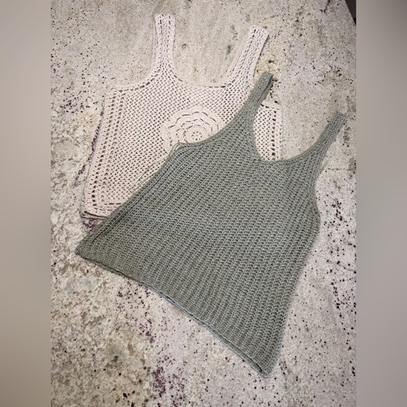 Crochet Knit Tank Top - Cream and Green - Picture 1 of 6